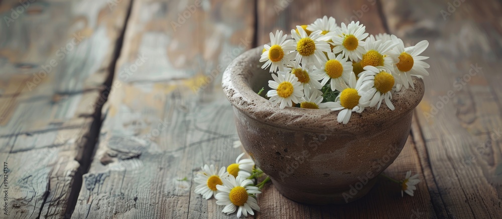 Chamomile flowers arranged in a mortar resting on a rustic wooden table creating a serene and inviting copy space image Chamomile flowers arranged in a mortar resting on a rustic wooden table creating a serene and inviting copy space image