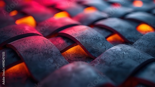 Close-up of Modern Metallic Weave with Glowing Red and Orange Light - Abstract Industrial Texture and Pattern
