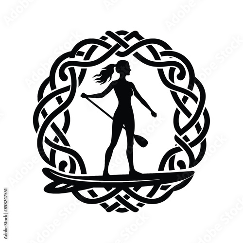 paddleboard female player in celtic knot pattern illustration, emblem shield badge