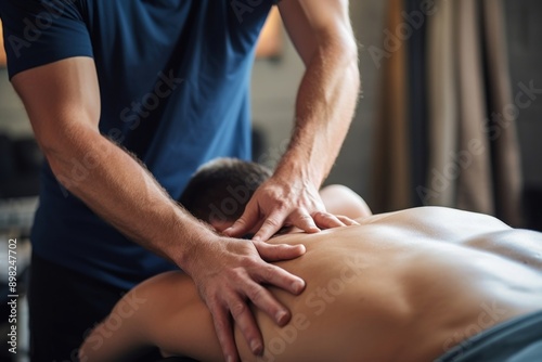 Fototapeta Naklejka Na Ścianę i Meble -  Therapist giving lower back sports massage patient adult male.