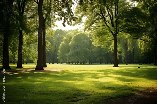 Springtime: Sunlit Glade, Trees, and Lush Greenery in Landscape