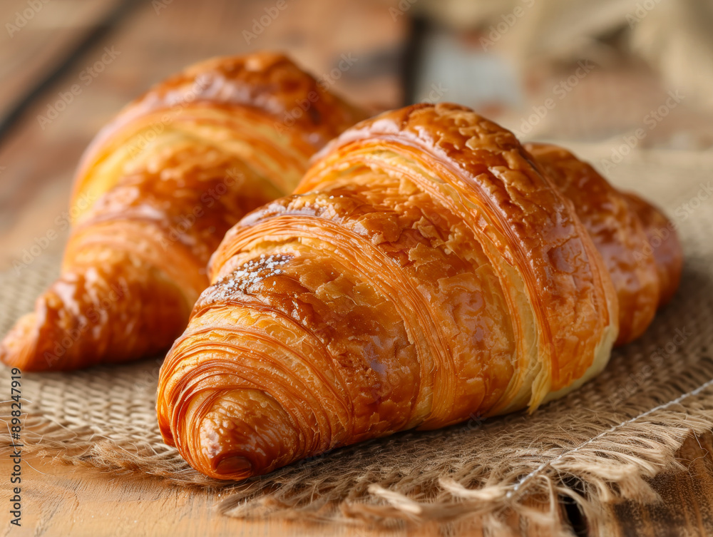 Appetizing croissants on wooden table close-up Appetizing croissants on wooden table close-up