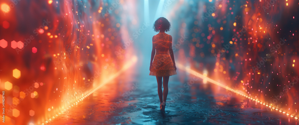 A striking image from a futuristic fashion show, featuring a model walking down a runway illuminated by vibrant, dynamic lights. A striking image from a futuristic fashion show, featuring a model walking down a runway illuminated by vibrant, dynamic lights.
