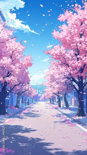 Enchanting Anime School Scenery: Fluid Cartoon-Style Campus with Blooming Cherry Blossom Trees. Soft Pastel Palette Brings Serenity to High-Resolution 4K Wallpaper. AI-Generated Background Showcases I