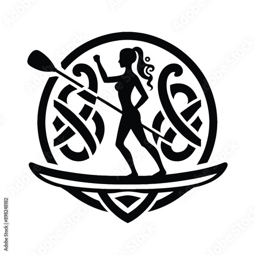 paddleboard female player in celtic knot pattern illustration, emblem shield badge