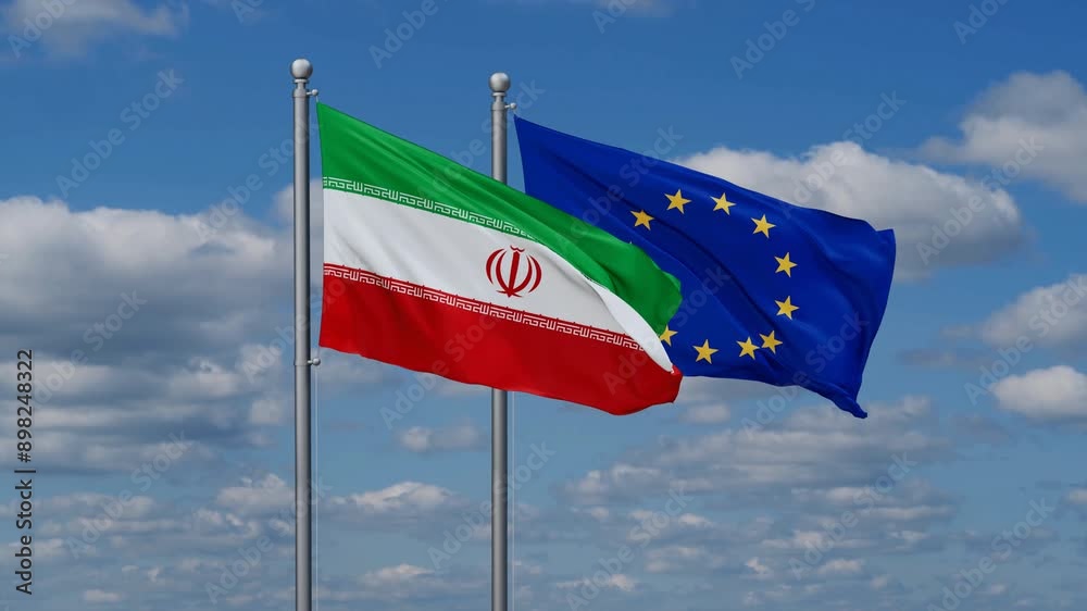 European Union and Iran flags flying together, video concept of the relationship European Union and Iran flags flying together, video concept of the relationship