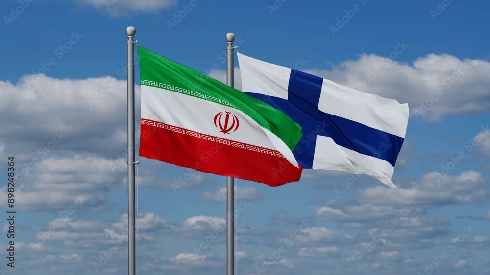 Finland and Iran flags flying together, video concept of the relationship, two country relations concept Finland and Iran flags flying together, video concept of the relationship, two country relations concept