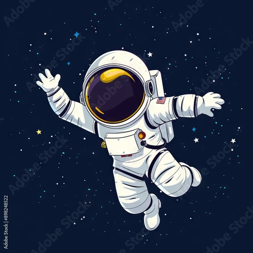 cute white cartoon astronaut flying in zero gravity space photo