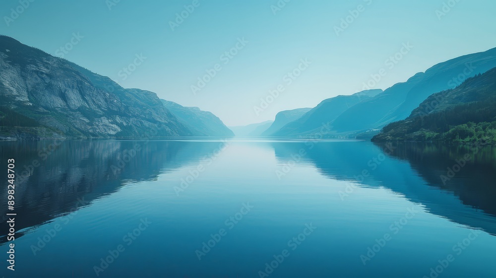 A forested valley encloses a fog-shrouded lake, cradled by mountaineous borders A forested valley encloses a fog-shrouded lake, cradled by mountaineous borders