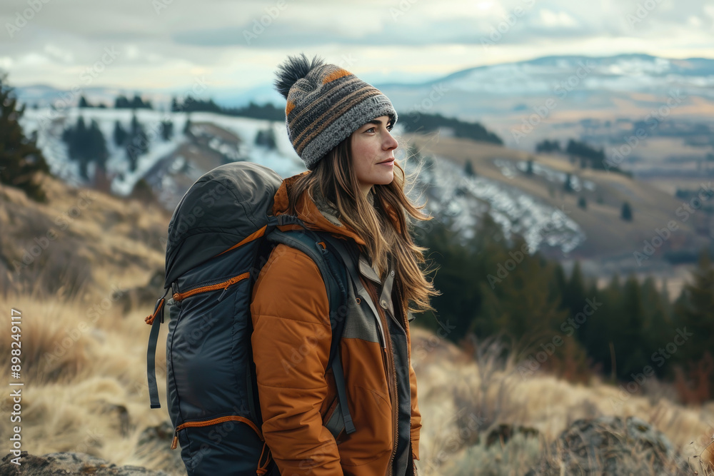 Naklejka premium Hiker embraces wanderlust wearing stylish coat on rugged trek