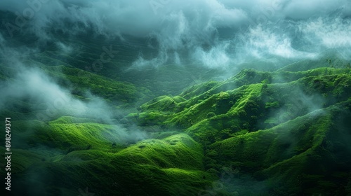  A bird's eye view of a lush green mountain range shrouded in fog reveals expanses of green grass in the foreground © Viktor