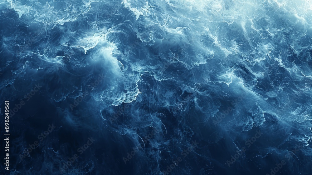 A large body of water with numerous blue-white swirls, topping it with a considerable volume A large body of water with numerous blue-white swirls, topping it with a considerable volume