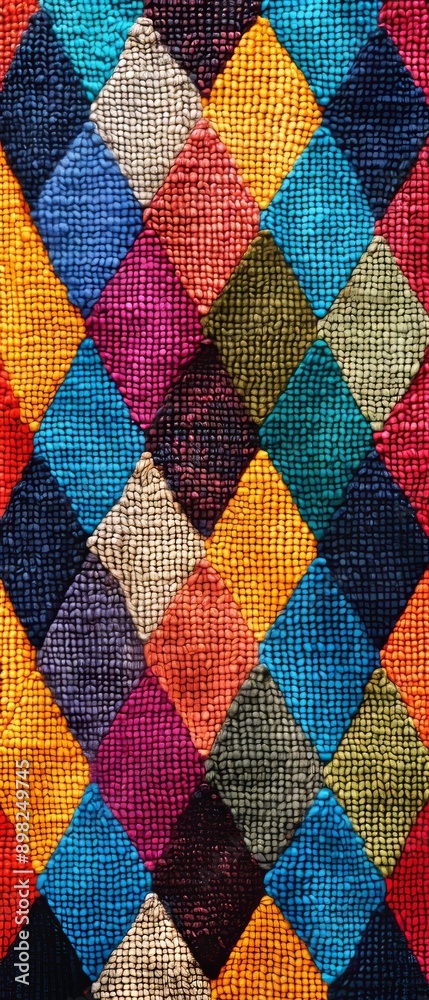 A colorful quilt with a diamond pattern A colorful quilt with a diamond pattern