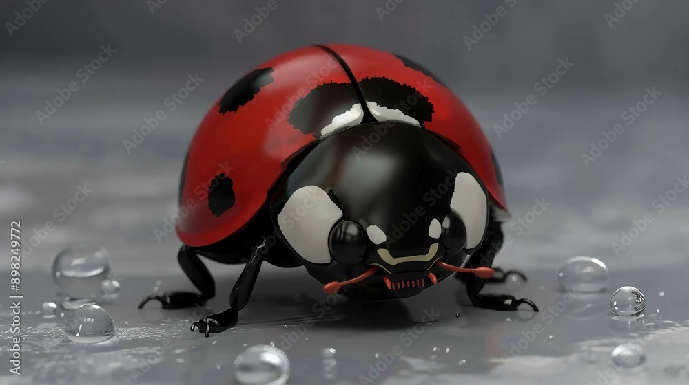 Fototapeta premium A ladybug figurine sits atop a table, surrounded by droplets of water
