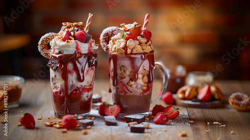 Freakshakes; milkshakes topped with different sweets photo