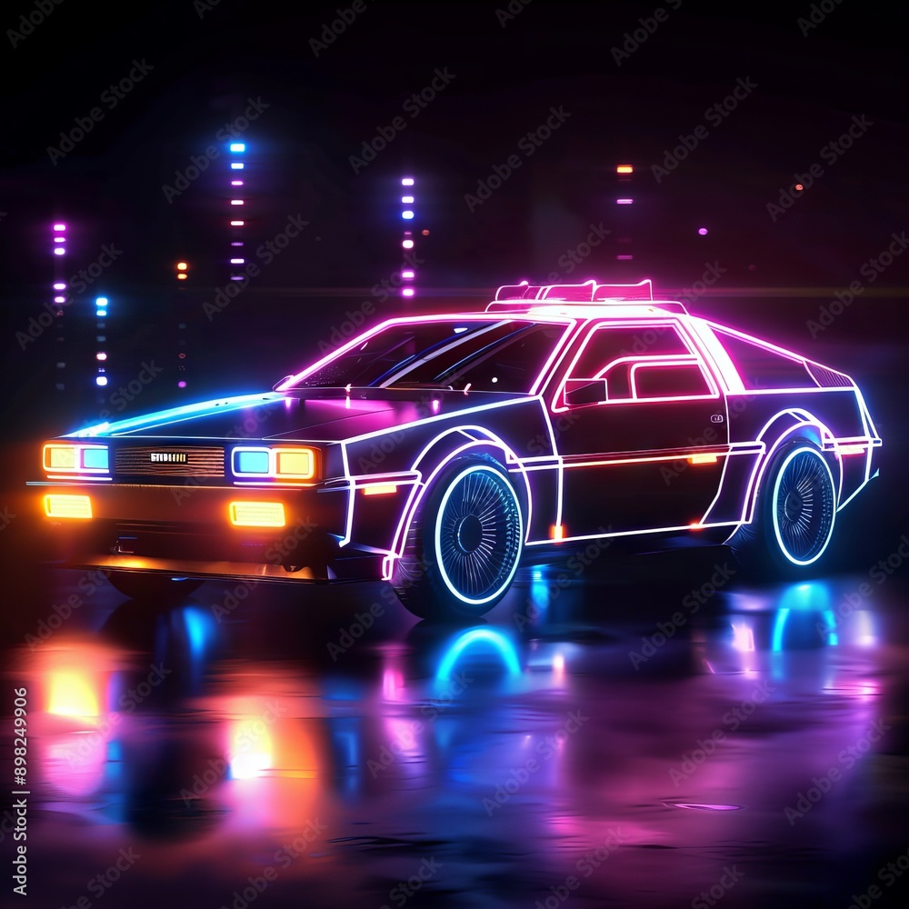 Future Retro Cartoon car with neon sign and lights. Colorful with dark background generative ai Future Retro Cartoon car with neon sign and lights. Colorful with dark background generative ai
