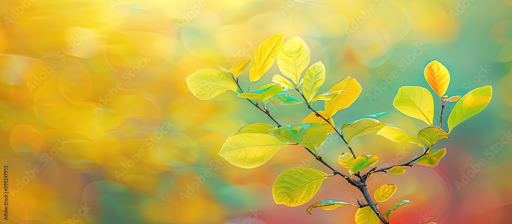 Fototapeta premium Vibrant autumn backdrop featuring a branch with yellow green leaves against a blurred backdrop of yellow green and red leaves with clear copy space image
