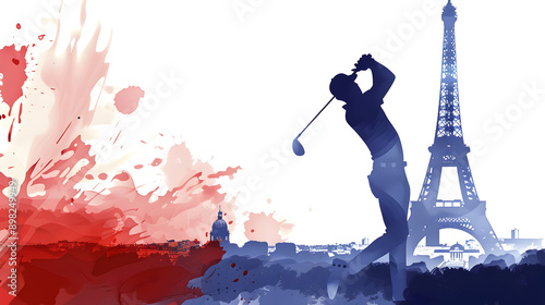 Golf: An illustration of a golfer teeing off with the French flag and the Eiffel Tower in the background on a white background.


 photo