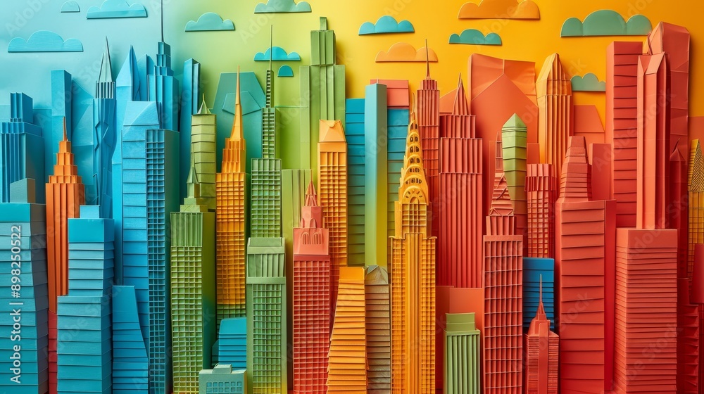 Multicolored city with tall buildings on a yellow-blue papered backdrop, featuring clouds Multicolored city with tall buildings on a yellow-blue papered backdrop, featuring clouds