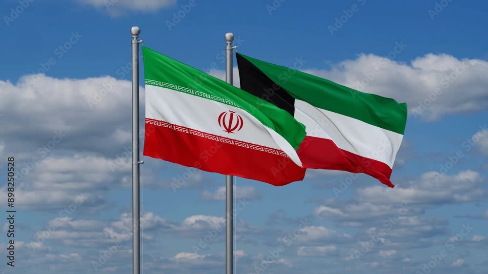 Kuwait and Iran flags flying together, video concept of the relationship, two country cooperation concept Kuwait and Iran flags flying together, video concept of the relationship, two country cooperation concept