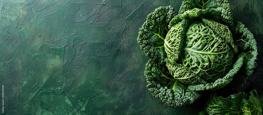 Obraz premium Close up Savoy cabbage on a vibrant green backdrop with ample copy space image