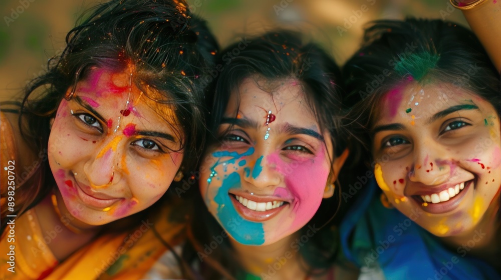 Three young Indian women with colorful faces celebrating the Holi Color festival.