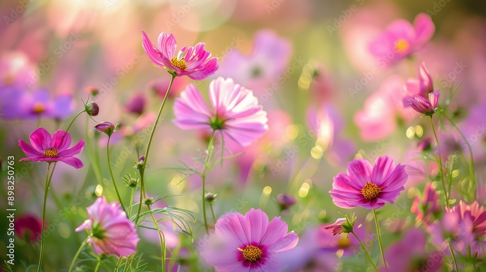 A scene of pink and purple blooms against a softly blurred backdrop of green grass and flowers A scene of pink and purple blooms against a softly blurred backdrop of green grass and flowers