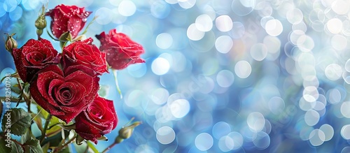 Detailed Valentine s Day background with red roses on a heart shaped bokeh set against a blue art paper backdrop Close up view with empty space for text or images. Creative banner. Copyspace image photo