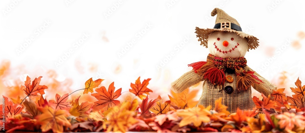 Autumn themed scene featuring fall leaves and a scarecrow on a white background with copy space image Autumn themed scene featuring fall leaves and a scarecrow on a white background with copy space image