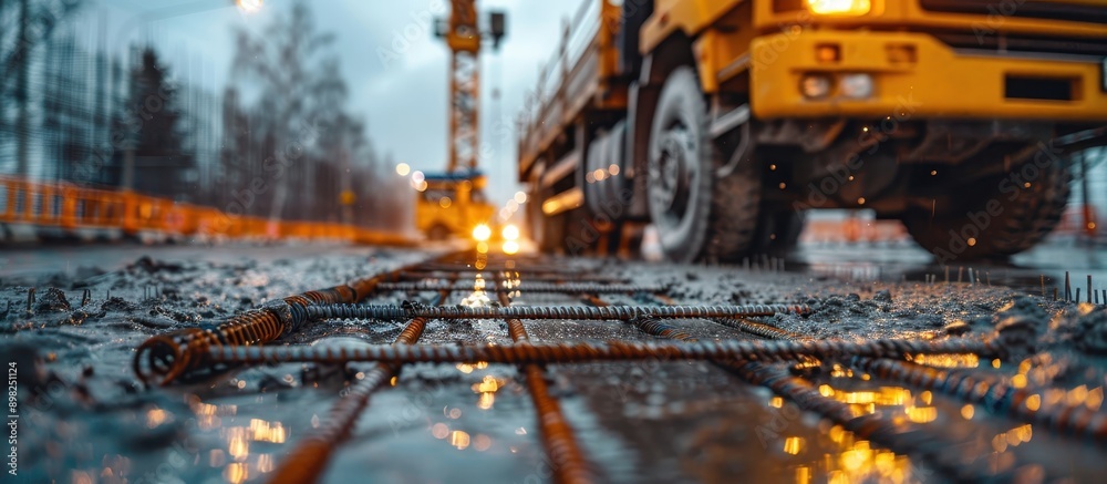 Construction Site at Dusk with Heavy Machinery and Rebar on Wet Ground Construction Site at Dusk with Heavy Machinery and Rebar on Wet Ground