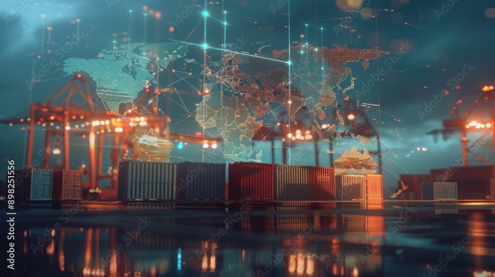 World map with distributed logistics networks on the background. World map with distributed logistics networks on the background.