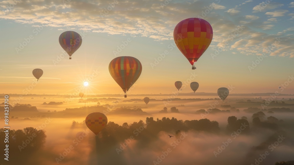 Naklejka premium Hot Air Balloons Soaring Above Misty Landscape at Sunrise.