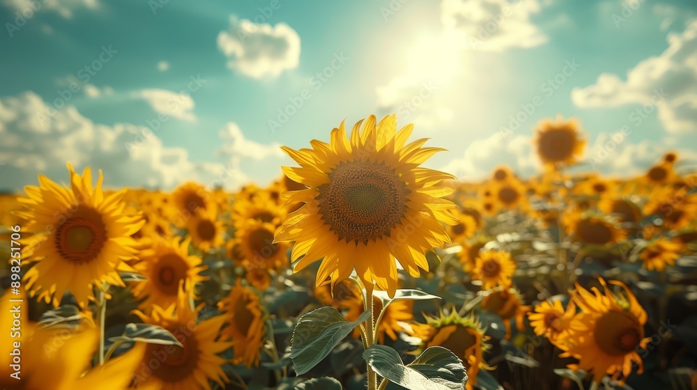 Fototapeta premium A vast sunflower field under a clear blue sky Sun rays filter through scattered wispy clouds, illuminating the golden blooms