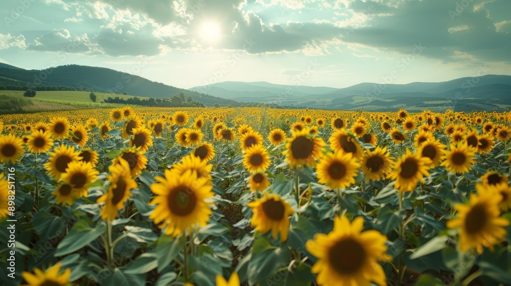Obraz premium A vast expanse of sunflowers fills the field's heart, mountain range distant