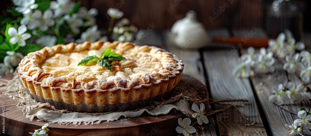 A delicious pie with a sweet pastry crust and a creamy filling perfect for desserts and baking recipes Ideal for showcasing in a photography featuring a copy space image A delicious pie with a sweet pastry crust and a creamy filling perfect for desserts and baking recipes Ideal for showcasing in a photography featuring a copy space image