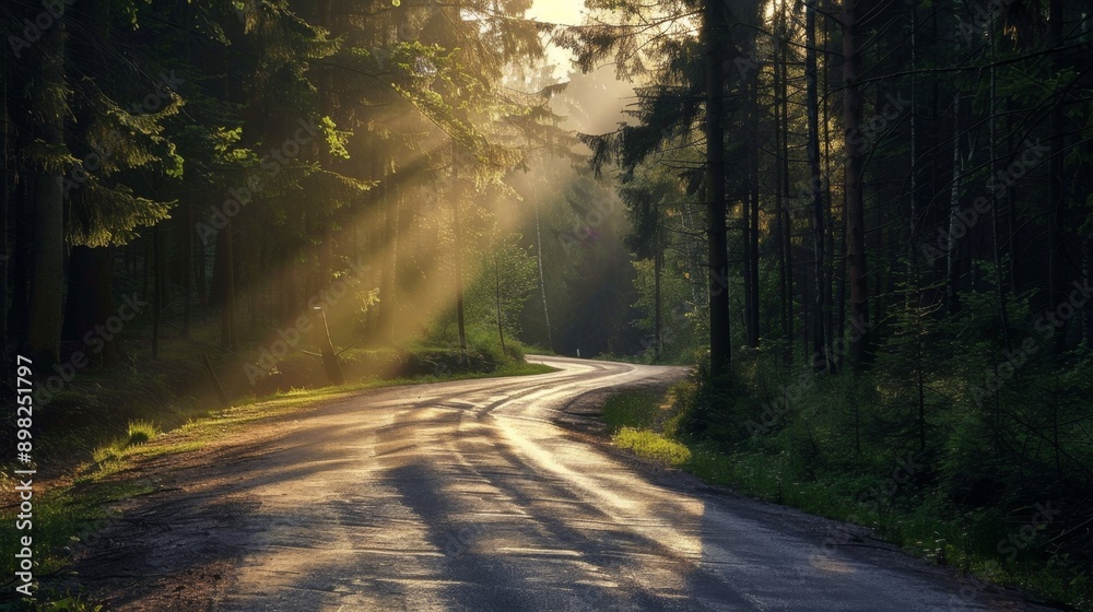Fototapeta premium Sunbeams Through Forest Trees on Winding Road.