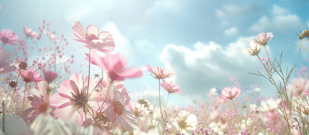 Cosmos flower field in soft focus pink and white hues against a blue sky ideal for wedding or valentine settings vintage style theme with room for text or images. Creative banner. Copyspace image Cosmos flower field in soft focus pink and white hues against a blue sky ideal for wedding or valentine settings vintage style theme with room for text or images. Creative banner. Copyspace image