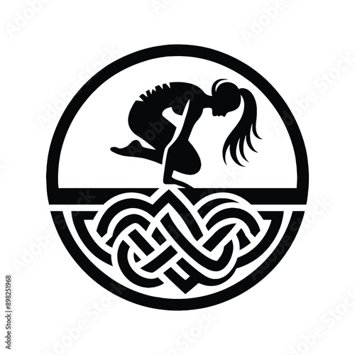 Parkour  female player in celtic knot pattern illustration, emblem shield badge