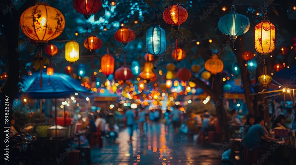 A group walks down a street, surrounded by lanterns suspended from the building above A group walks down a street, surrounded by lanterns suspended from the building above