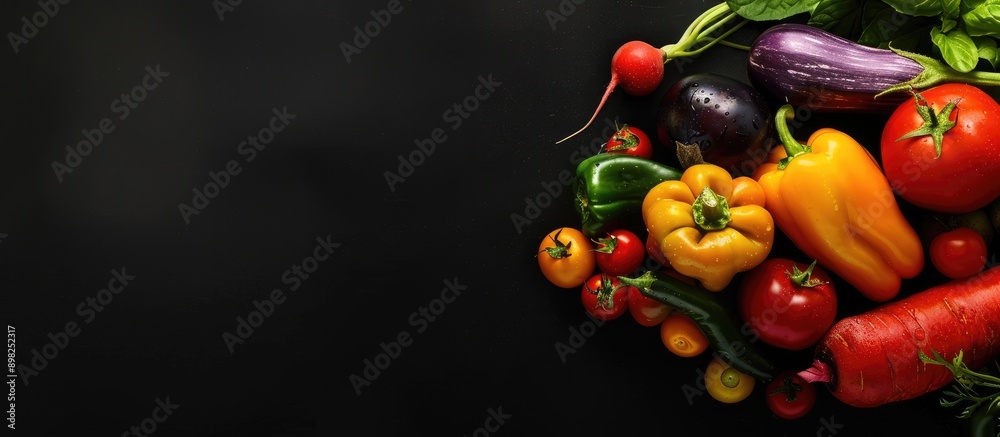 Colorful fresh vegetables arranged attractively on a black background with space for additional content on the image Colorful fresh vegetables arranged attractively on a black background with space for additional content on the image