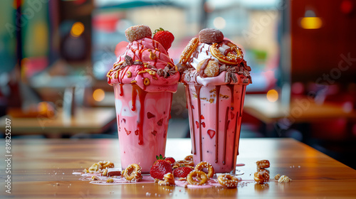 Freakshakes; a milkshakes topped with different sweets photo