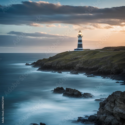 Wallpaper Mural Picturesque Lighthouse with Light Beaming Across the Ocean - 1 Torontodigital.ca