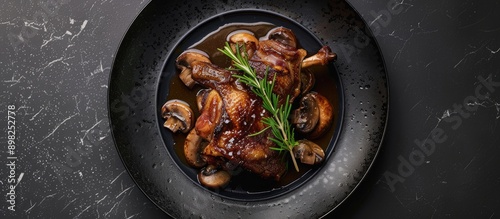 Top down view of duck leg confit with mushroom sauce presented on a black plate against a slate background with ample copy space image