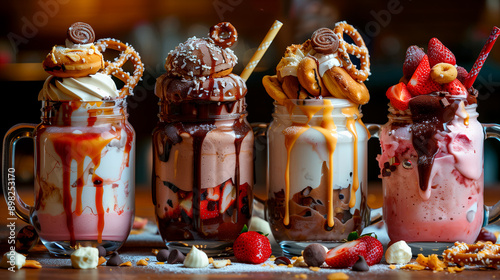 Freakshakes; milkshakes topped with different sweets photo