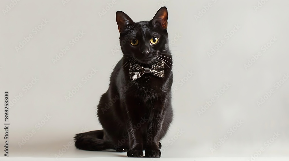 Elegant and Charming Black Cat with Bow Tie Posing for Camera Elegant and Charming Black Cat with Bow Tie Posing for Camera