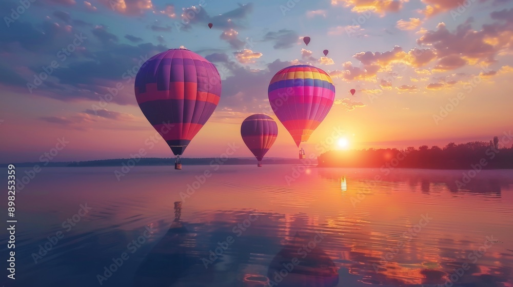 Fototapeta premium Hot Air Balloons at Sunset Over Water.