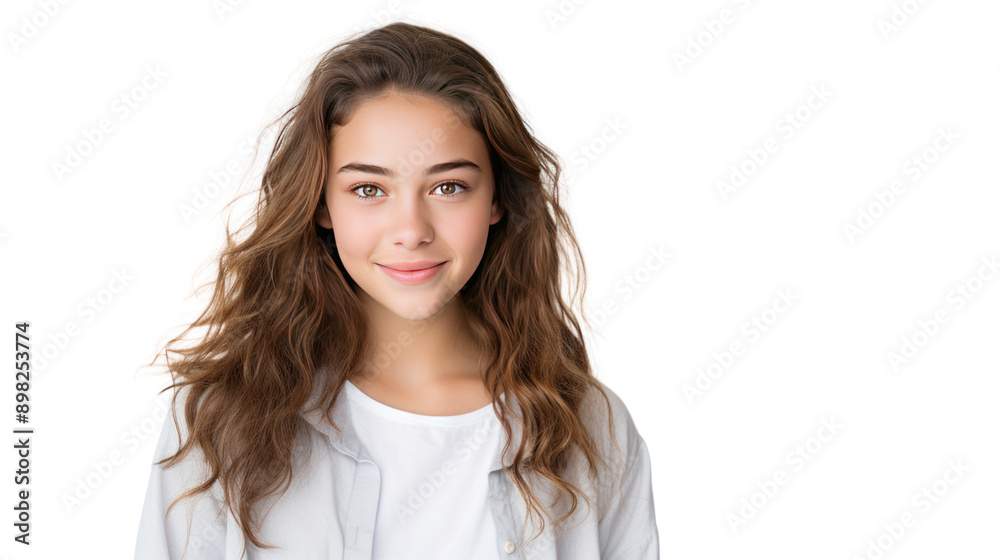 Portrait of a smiling teenage brunette with long black hair isolated on white background. Portrait of a smiling teenage brunette with long black hair isolated on white background.