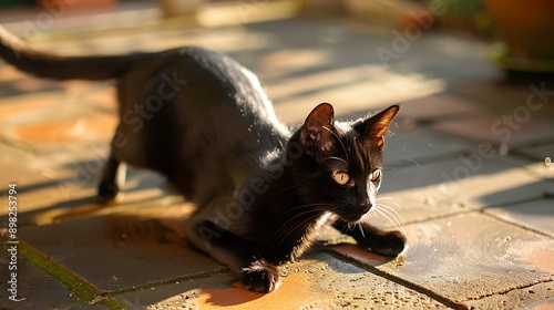 Relaxed Black Cat Stretching on Sunny Patio in Warm Sunlight