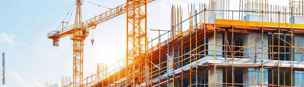 Construction site with cranes and a building framework under blue sky, showcasing progress in urban development and architecture. Construction site with cranes and a building framework under blue sky, showcasing progress in urban development and architecture.