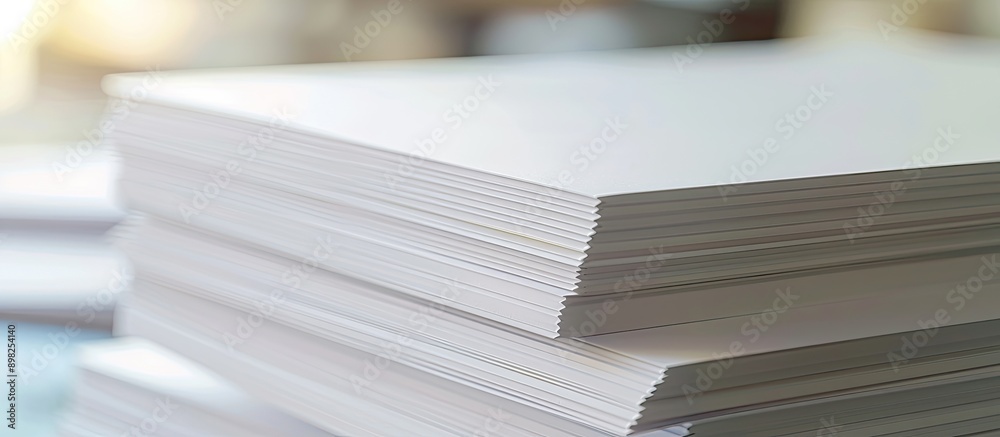 Fototapeta premium Close up view of white paper sheets stacked in the background with space for adding images. Creative banner. Copyspace image
